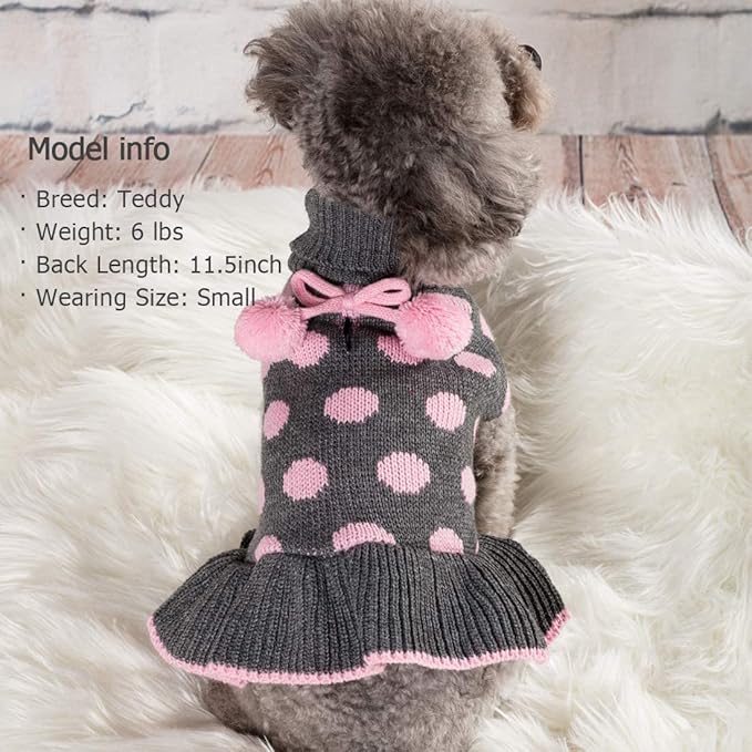 KYEESE Dog Sweater Dress Polka Dot Dog Sweater for Girl with Leash Hole Knit Warm Dogs Clothes with Pom Pom Ball for Fall Winter