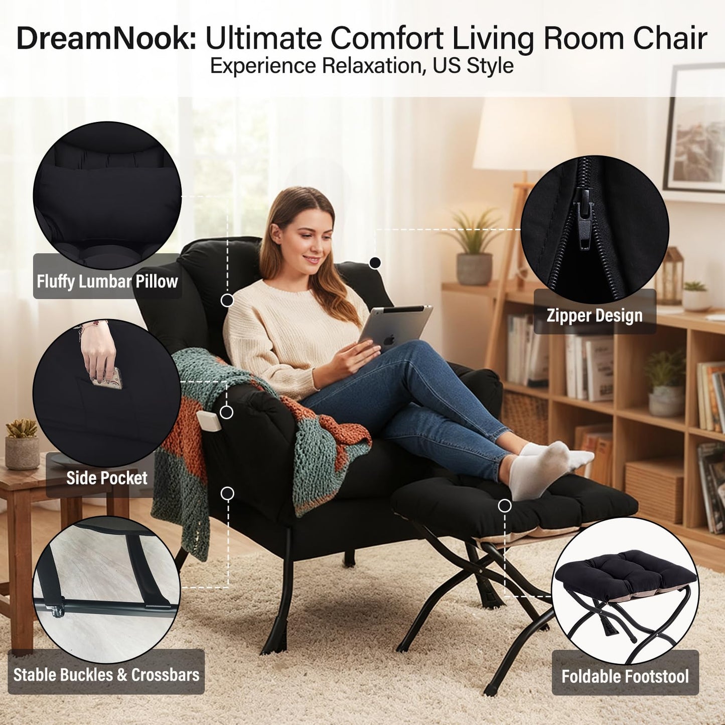 DreamNook Lazy Chair with Ottoman, Modern Accent Chair with Lumbar Pillow, Black Sofa, Armchairs with Folding Footrest, Oversized Supportive Chairs for Bedroom, Reading