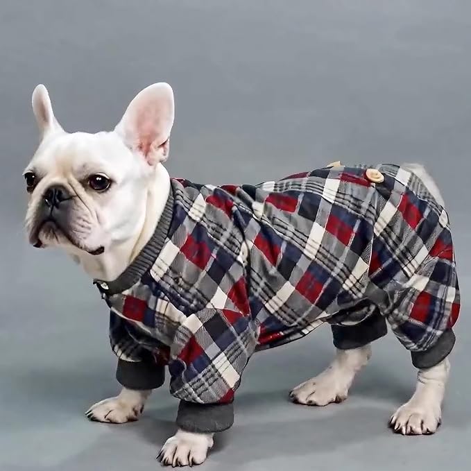 KYEESE Dog Pajamas Soft Doggie Jammies Comfy Coat Stretchy Onesie Pet Clothes Plaid Dog Pajamas for Small Dogs Boy Girl Velvet Pjs, Grey, Large