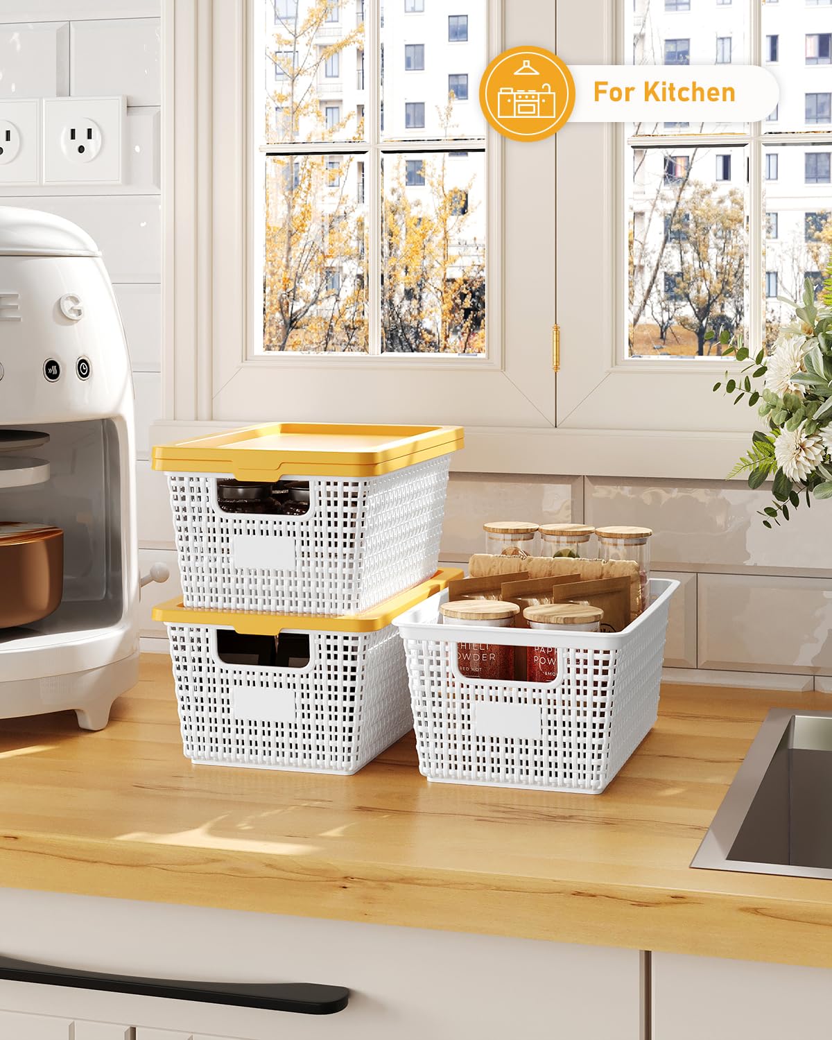 EOENVIVS Storage Bins Bakets with Lids 6 Pack, Stackable Organizer Bins for Small Spaces, Pantry, Closet & Bathroom, Secure Snap Lids, 11x7x5 Plastic Storage Containers for Shelf Organization, White
