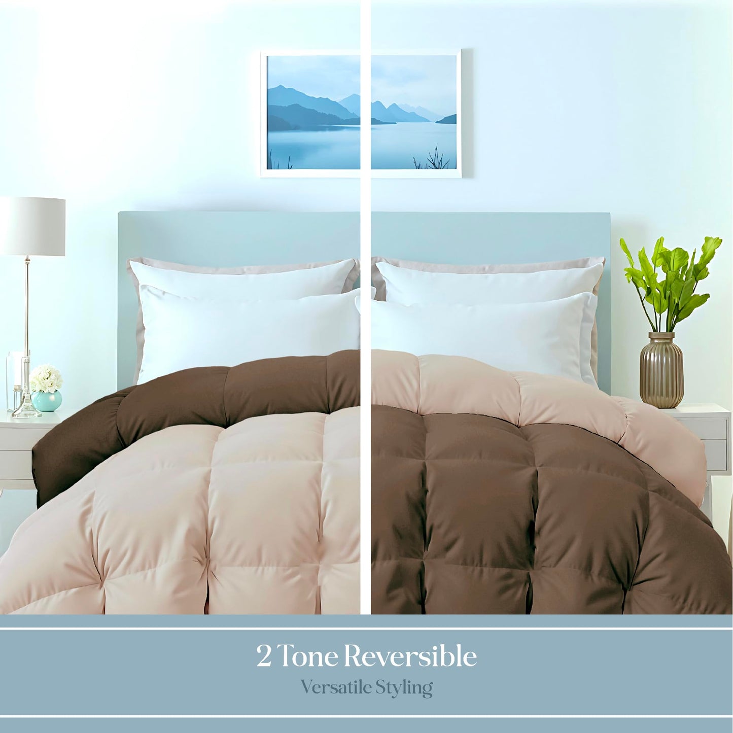ROYALE LINENS Reversible Comforter - Twin XL Duvet Insert - All Season Soft Quilted Comforters with 8 Corner Tabs - Down Alternative Bedding Comforter - Duvet Insert (Chocolate/Sand, Twin XL 68"x92")