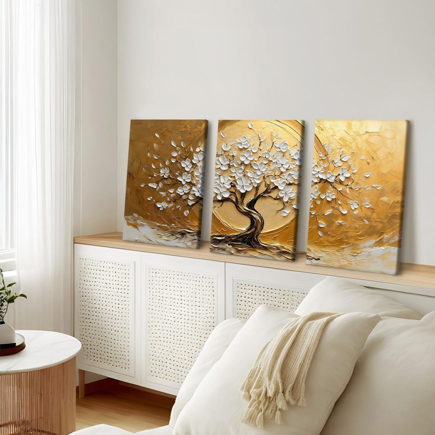 RZIGERNO 3 Pcs Tree of Life Canvas Wall Art Gold White Floral Poster Printing Lucky Tree Money Tree Framed Painting Artwork 16x24 Inch Modern Abstract Wall Decor for Living Room Bedroom Office