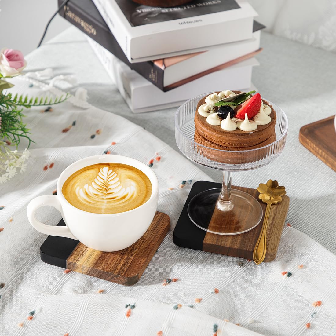LiWiBet Acacia Wood Black Marble Coasters for Drinks Set of 4, Square Non-Slip Wooden Stone Coaster Coffee Table Accessories Manly Coaster for Men Coffee Table, Bar, Office - Rustic Modern Style