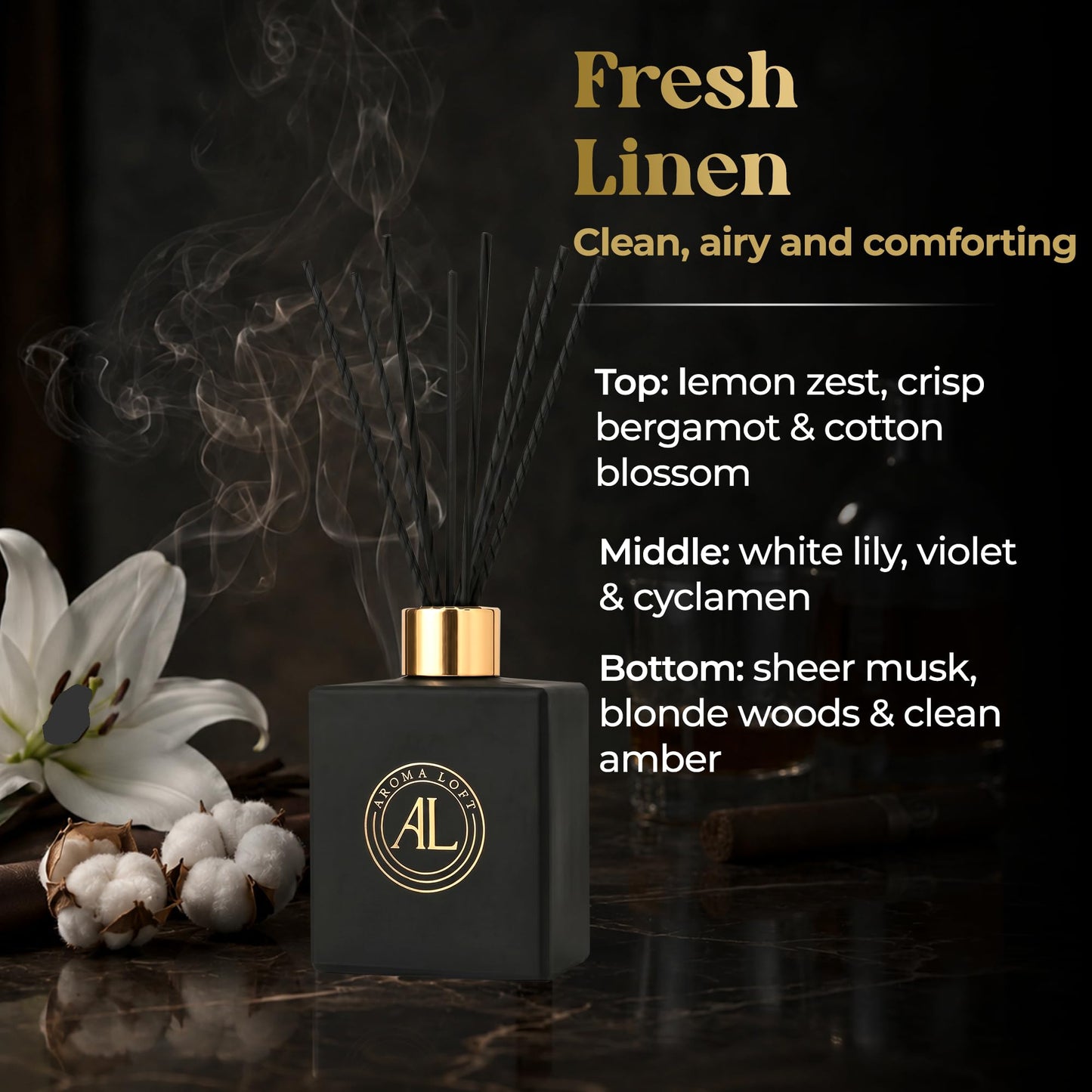 Reed Diffuser - Fragrance Diffuser for Home - 5 oz. Oil Diffuser Sticks - Bathroom Diffuser Set- Oil Diffuser Reeds - Scent Sticks in Oil-Office Smell Good Stuff (Black, Fresh Linen)