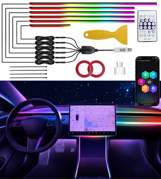 KENANEK 55.12Inch 6in1 Tesla Interior Lights, 5V USB & Type-C Powered, Acrylic Interior Car LED Strip Lights, App Controlled Music Sync, OEM-Style Ambient Lighting with Dreamcolor Effects
