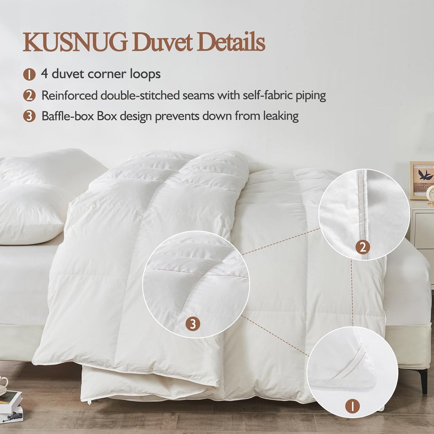 KUSNUG 100% Organic Cotton Feather & Down Fibers Comforter King Size, All-Season Hotel-Style Hypoallergenic Duvet Insert, Ivory White 106x90 Inch