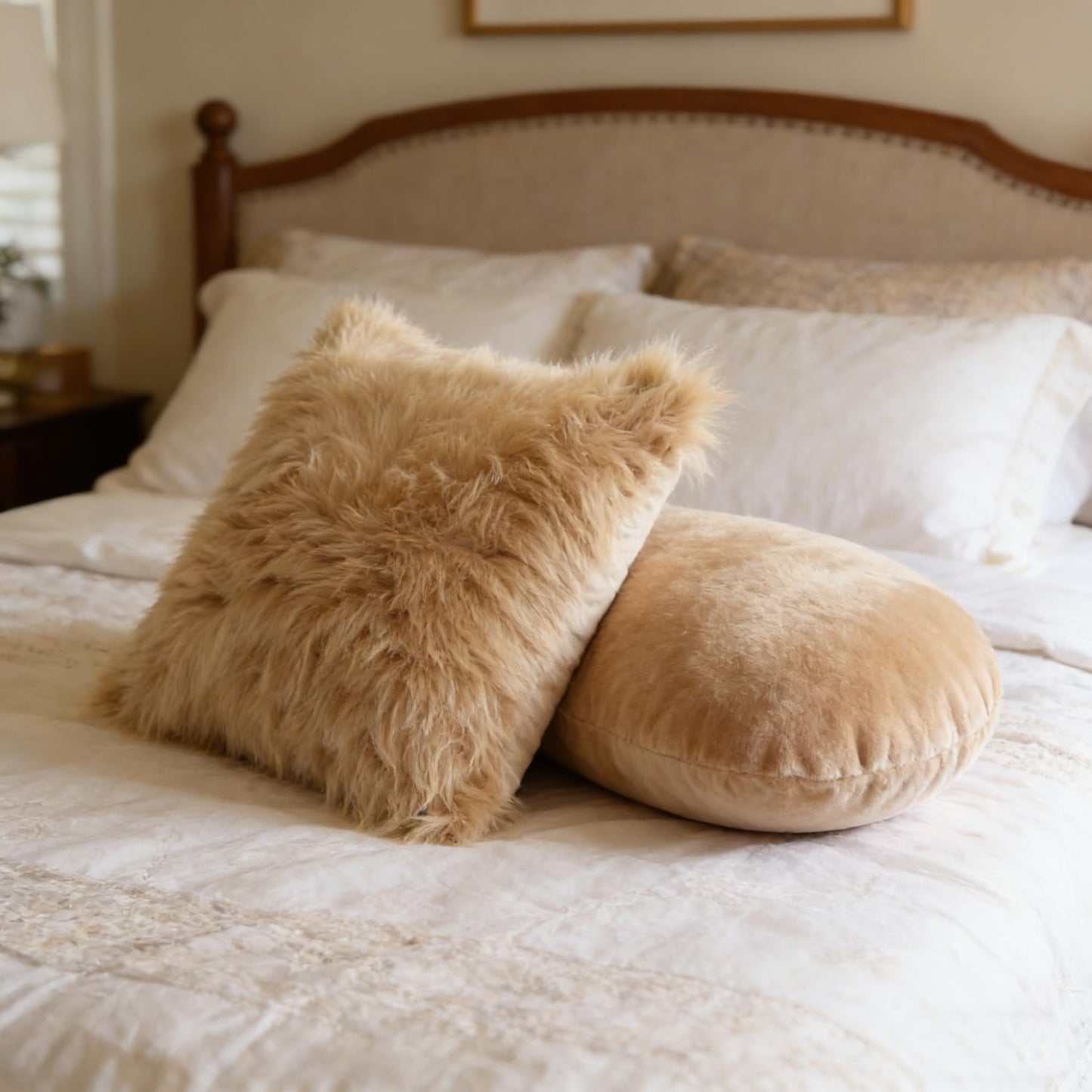 OYIMUA Fluffy Decorative Throw Pillow Covers Beige 20×20, Faux Fur Farmhouse Luxury Pillow Cases,Soft Plush Fuzzy Cushion Covers for Sofa Couch Living Room Bedroom Set of 2