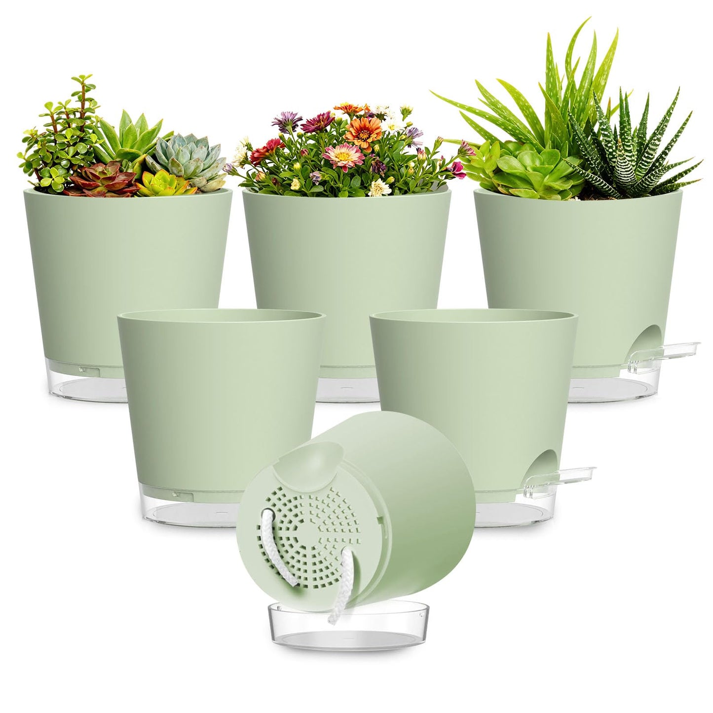 SQKH Plant Pots 4 Inch Self Watering Pots,6 Pack Plastic Planters with Drainage Holes and Clear Saucers,Plastic Flower Pots,Nursery Planting Pot for Indoor Out Door Plants (Green)