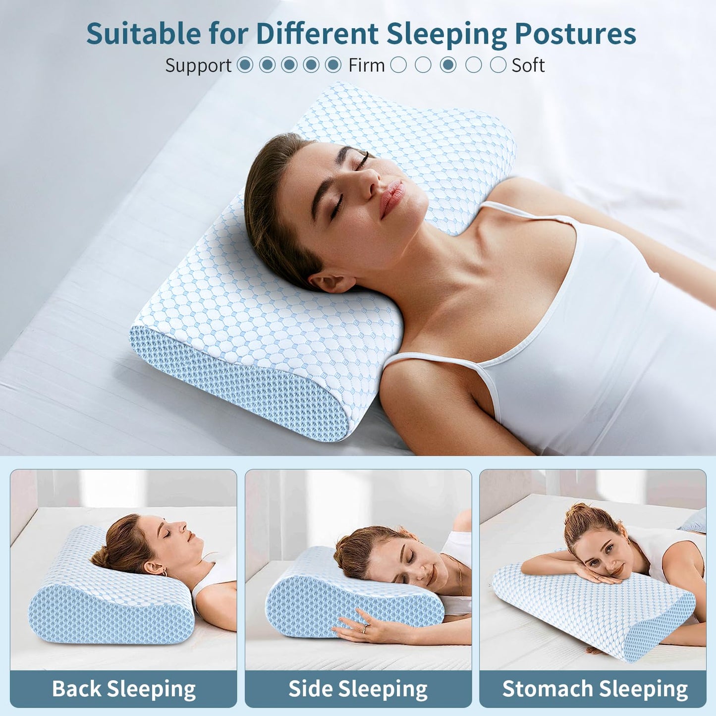 Cervical Pillow for Neck Pain Relief, Contour Memory Foam Pillows for Sleeping, Ergonomic Pillow Adjustable Orthopedic Cooling Pillow Bed Pillow Neck Support for Side Back Stomach Sleepers(Blue)