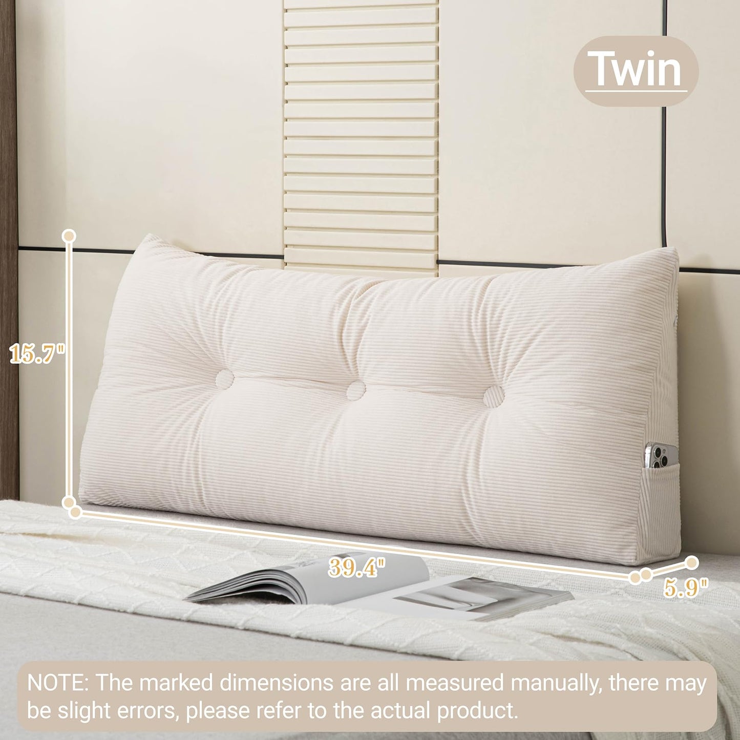 MQK Headboard Pillow Bed Wedge Pillow for Headboard with Side Pocket Dorm Headboard Twin xl Long Back Pillow for Bed Bolster Pillow for Mattress Gap Filler White Reading Pillow for Bedroom Sofa Daybed