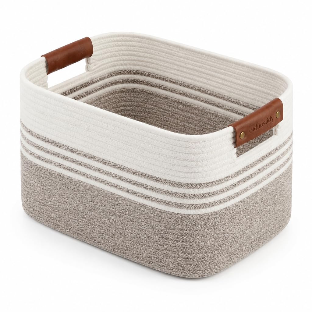 Cotton Rope Laundry Basket Medium, 15.4GAL Collapsible Woven Storage Baskets for Living Room Kids Toys Stuffed Animal,Boho Rectangular Decorative Short Hamper for Dirty Clothes, Blankets White Brown