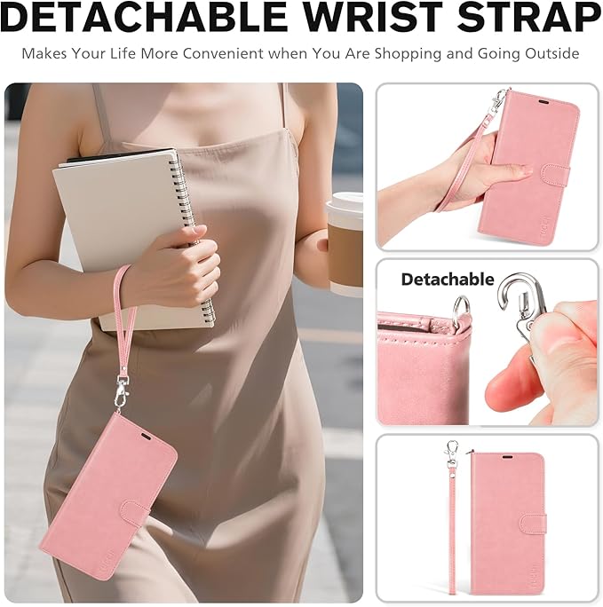 TUCCH Wallet Case for iPhone 17 Pro (6.3") 2025, Wrist Strap | 4 Card Slots | RFID Blocking | Kickstand | Shockproof TPU Shell | PU Leather | Magnetic | Protective Flip Cover | Rose Gold
