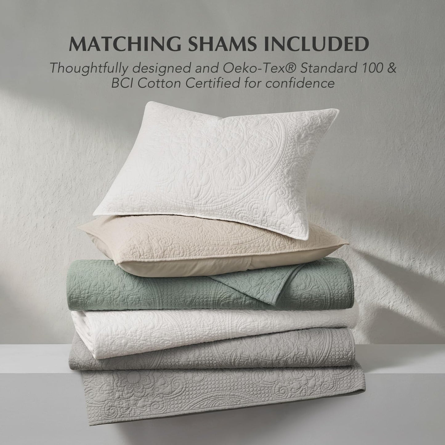 EverGrace Medallion Stitch Cotton Quilt Set King Size, 3-Piece 100% Cotton Quilted Bedspread Coverlet Bedding Set with Pillow Shams, Oversized Lightweight Soft & Breathable All-Season, Soft Sea