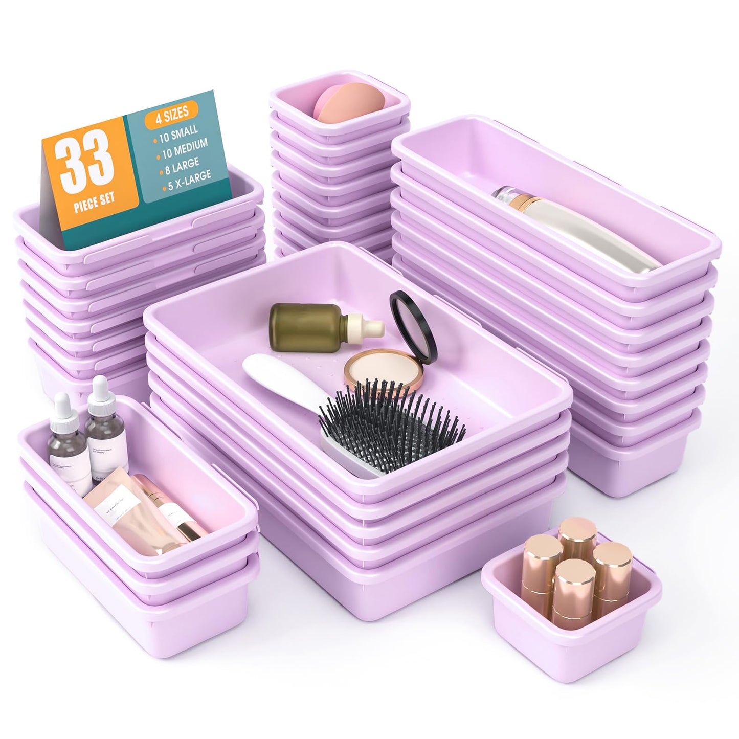 33 PCS Drawer Organizer Set, 4 Size Makeup Drawer Divider Organizer With Non-Slip Pads, Interlocking Plastic Storage Bins for Office,Jewelry Vanity,Gadgets, Bathroom,Kitchen, Purple