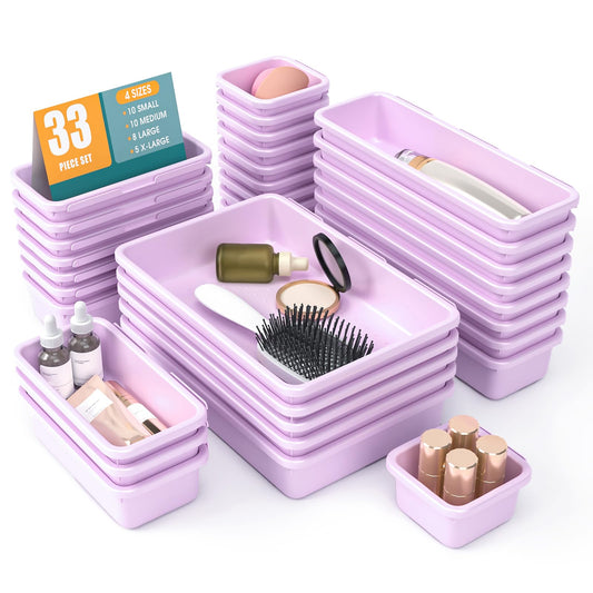 33 PCS Drawer Organizer Set, 4 Size Makeup Drawer Divider Organizer With Non-Slip Pads, Interlocking Plastic Storage Bins for Office,Jewelry Vanity,Gadgets, Bathroom,Kitchen, Purple