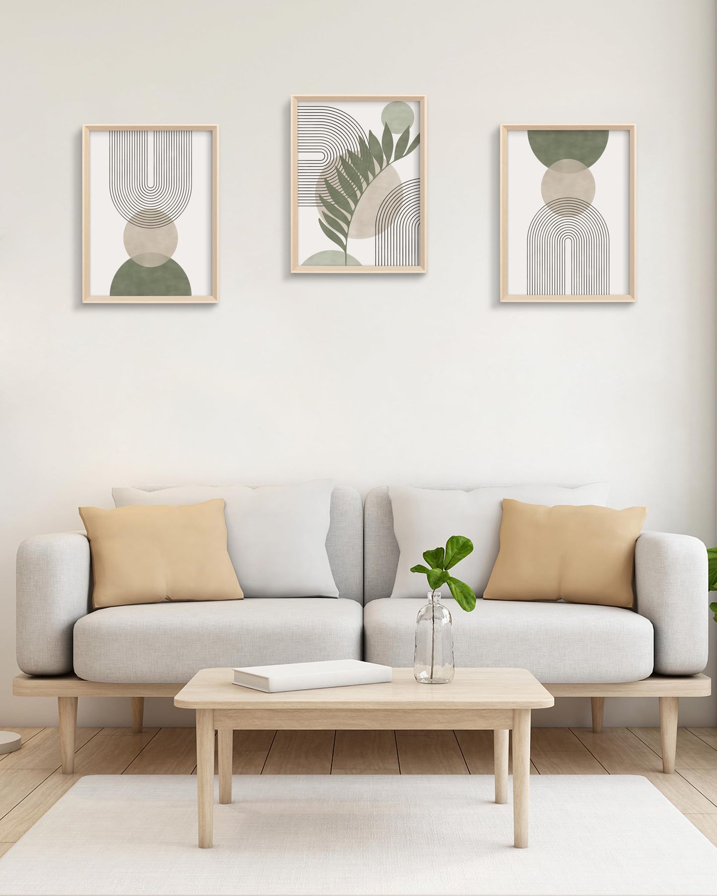 HesenDot Boho Sage Green Framed Wall Art, 12x16in High Framed Design Canvas Prints Wall Decor,Minimalist Abstract Green Poster Home Decoration for Living Room Bedrrom Gallery Office,Set of 3
