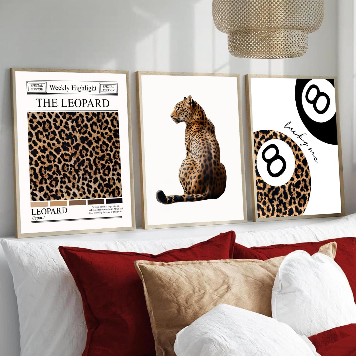 Trendy Leopard Wall Art Set of 3 Funky Lucky 8 Ball Posters Prints Preppy Room Aesthetic Cheetah Wall Decor Pictures for Girls Bedroom Apartment Dorm Unframed 16x24in