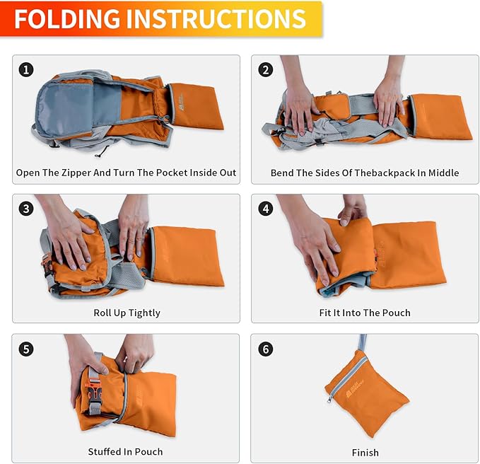 HIGH EXPERIENCE Hiking Backpack 10L/15L Small Daypack Lightweight Packable Travel Foldable Water Resistan for Women Men (Orange, 10L)