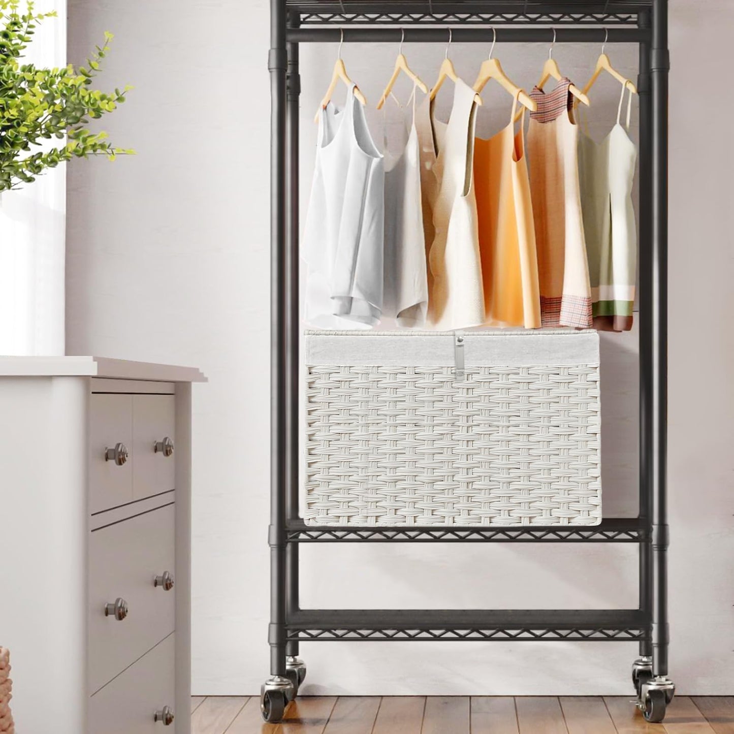 180L Wicker Storage Basket with Lid, Handwoven Rattan Large Shelf Basket with Removable Liner, 47.6 Gallon Wicker Basket for Blanket, Storage Trunk with Handle for Closet, Bedroom, Livingroom, White