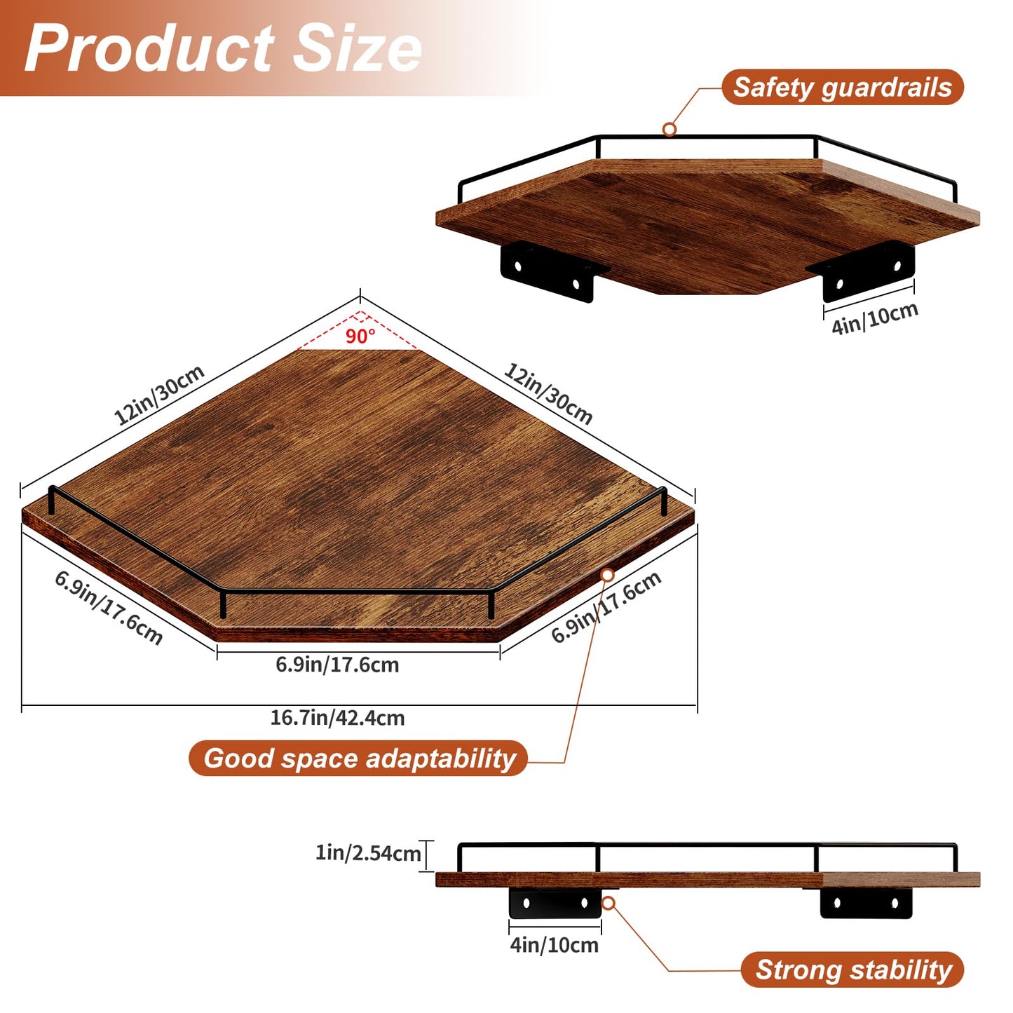 JJL Corner Shelf Wall Mounted, 12 Inches 3-Tier Floating Corner Shelf, Hexagon Rustic Wood Decor with Fence, Brown Storage Organizer for Apartment Bedroom Kitchen Bathroom