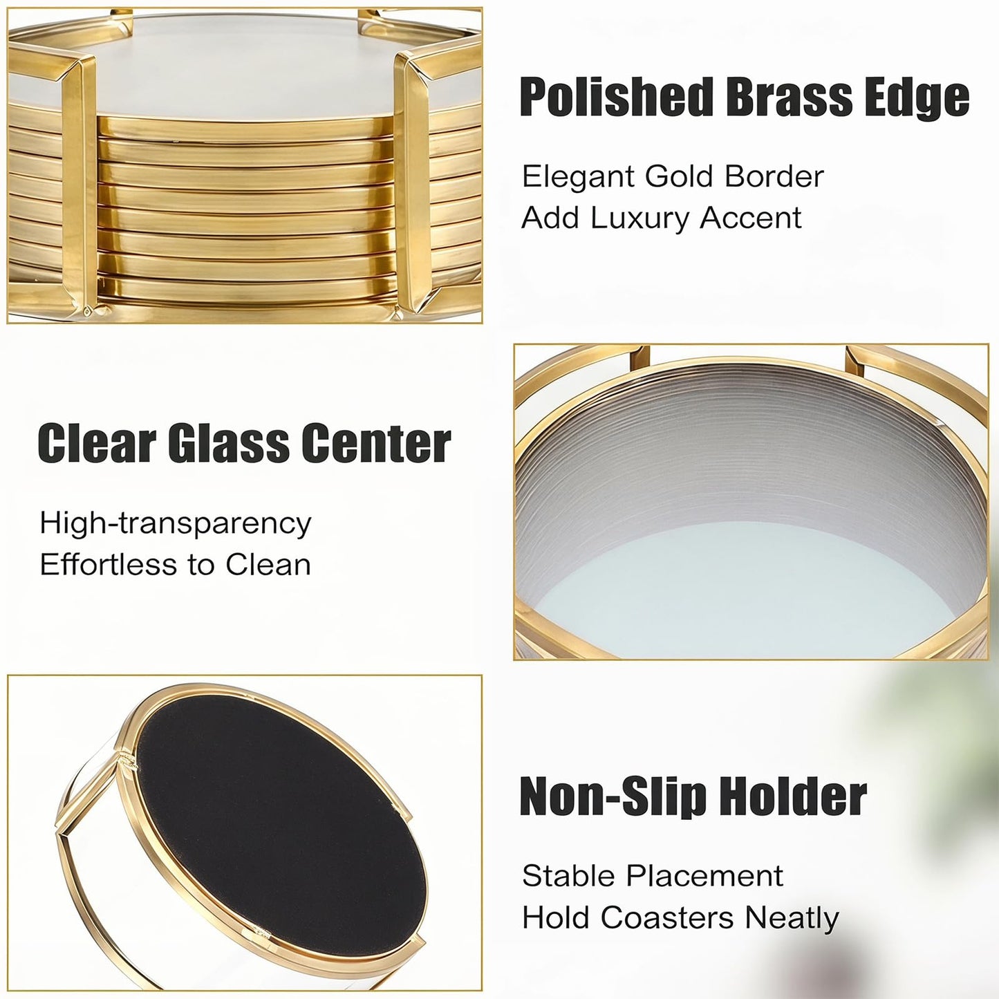 OGANAZI Glass Coaster Set of 8 Drink Coasters with Holder, Gold Brass-Coated Glass Coasters for Drinks, Round Cup Mats Coffee Table Décor for Kitchen, Living Room, Bar, Office, Patio, 4 Inches