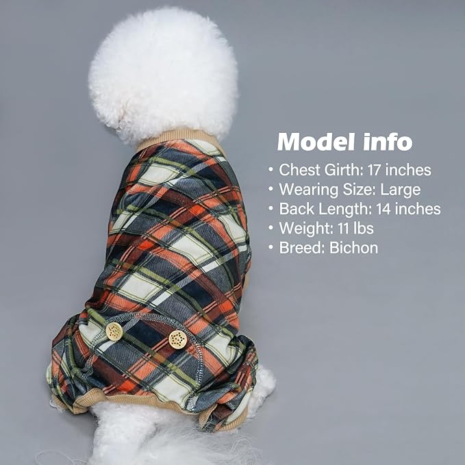 KYEESE Dog Pajamas Lightweight Pjs Comfy Pet Clothes Velvet Doggie Jammies Soft Coat Plaid Dog Pajamas for Small Dogs Boy Girl Stretchy Onesie, Khaki, X-Large