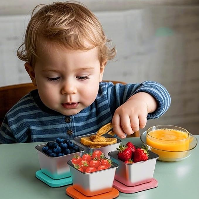 sagact 304 Premium Stainless Steel Snack Containers with Silicone Lids, Snackle Box Containers, Easy-Open Leak-Proof Kids for Taking Out for a Picnic, Lunch Box and Travel. (Red Orange Blue-3, 6 OZ)
