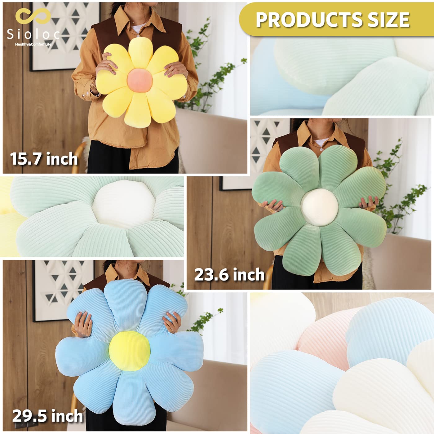 Sioloc Flower Pillow Shaped Throw Pillow Butt Cushion Floor Pillow,Seating Cushion,Cute Room Decor & Plush Pillow for Bedroom Sofa Chair(Yellow,15.7'')