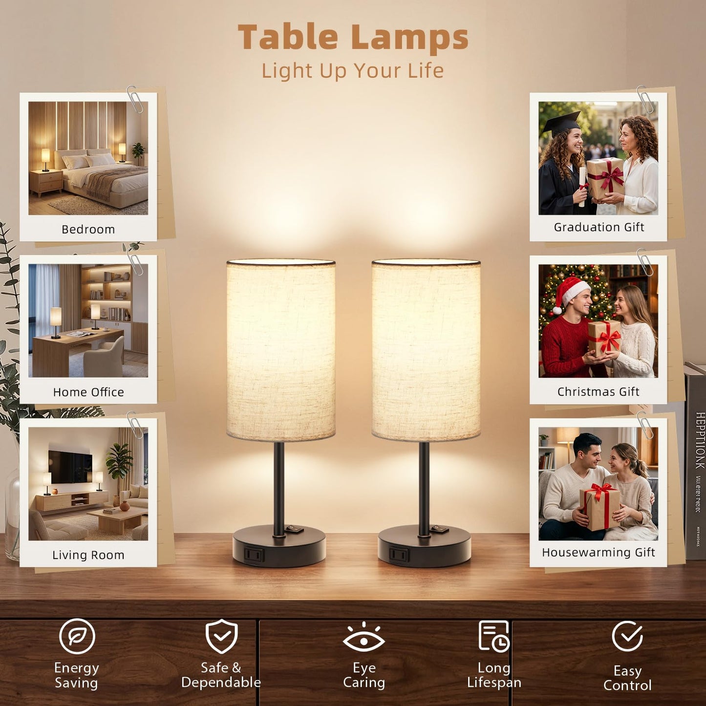 ZJOJO Table Lamp for Bedroom Set of 2, Bedside Small Lamps with 3 Way Dimmable Rocker Switch and AC Outlet, Nightstand Desk Lamp with Flaxen Fabric Shade Black Base for Living Room Home Decor Lights
