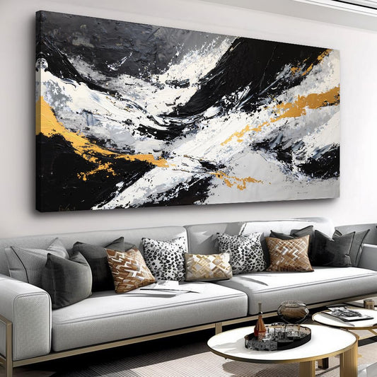 Large Abstract Black and Gold Ink Splatter Wall Art Stylish Framed Canvas Print for Living Room, Bedroom, Dining Room, and Home Office Modern Ready to Hang Home Decor - 20"x40"