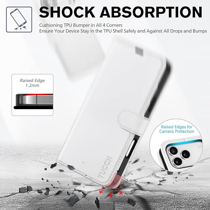 TUCCH Wallet Case for iPhone 17 Pro Max (6.9") 2025, RFID Blocking 4 Card Holders | Kickstand | Shockproof TPU Shell | PU Leather | Magnetic Closure | Protective Flip Folio Cover | White