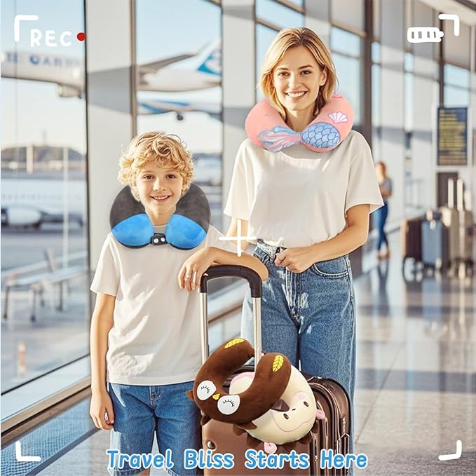 Sexysamba Travel Pillow for Kids Adults with Sleep Eye Mask Cute Cartoon U Shaped Memory Foam Neck Pillows for Travel Head Rest & Neck Support for Airplane, Car, Office Sleeping, Grey Wolf