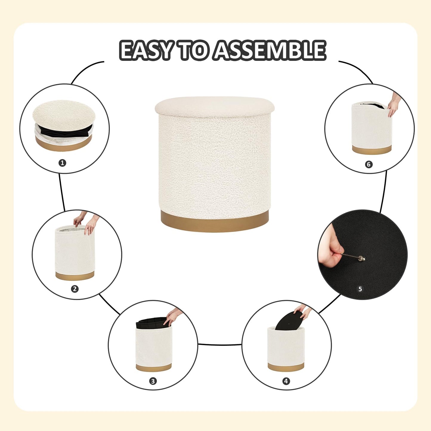 PINPLUS Large Round White Boucle Storage Ottoman, 16.7"x16.7"x17.7" – Textured Teddy Ottoman with Hidden Storage, Modern Coffee Table for Living Room, 250 LBS Capacity