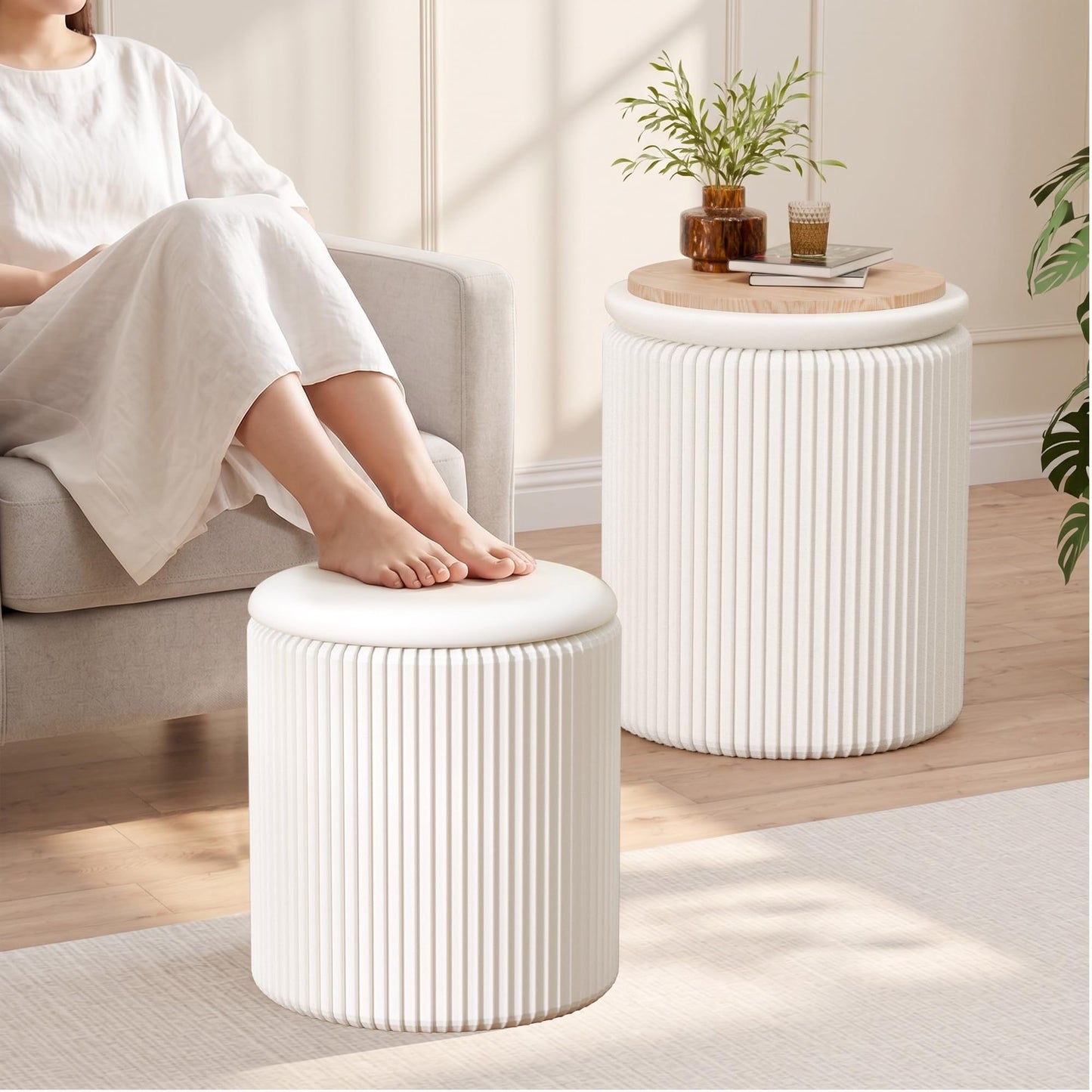 Trygoal Round Ottoman with Storage Set of 2, Breathable Cotton & 300LBS Engineered Wood Frame, Nesting Side Table with Blanket Storage, No Assembly Cozy Vanity Stools for Living Room, White