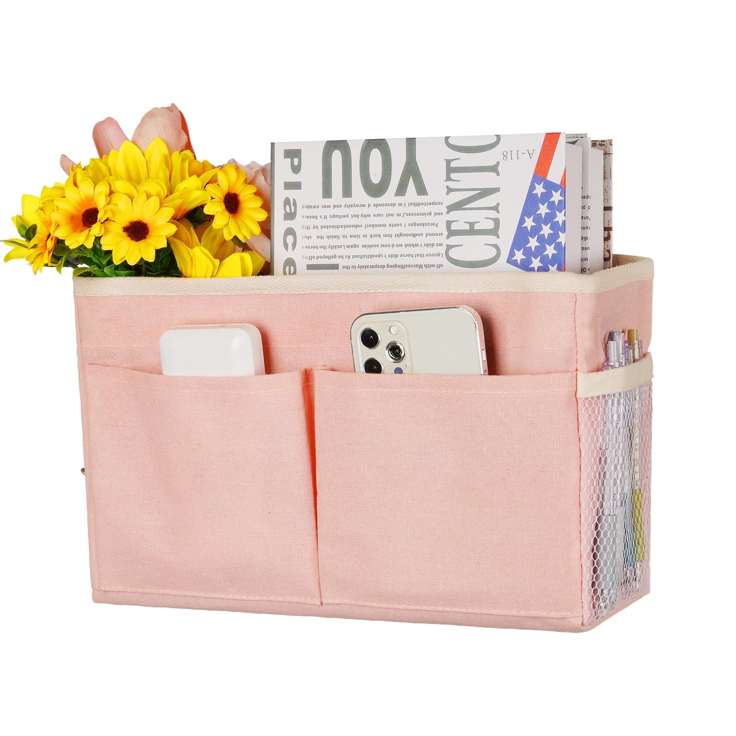 Frjjthchy Bedside Caddy Hanging Storage with Water Bottle Holder for Bunk Bed Hospital Bed Dorm Rooms (Pink)