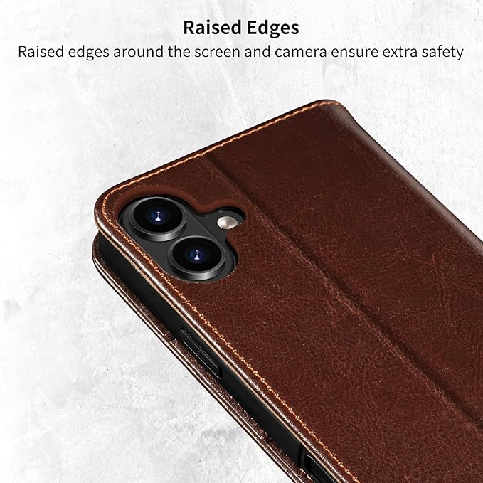 Belemay Leather Wallet Case Compatible with iPhone 17, Premium Cowhide Leather Two-Tone Effect, RFID Blocking Card Holders, Shockproof TPU Shell, Kickstand, Protective Flip Cover, 6.3", Brown