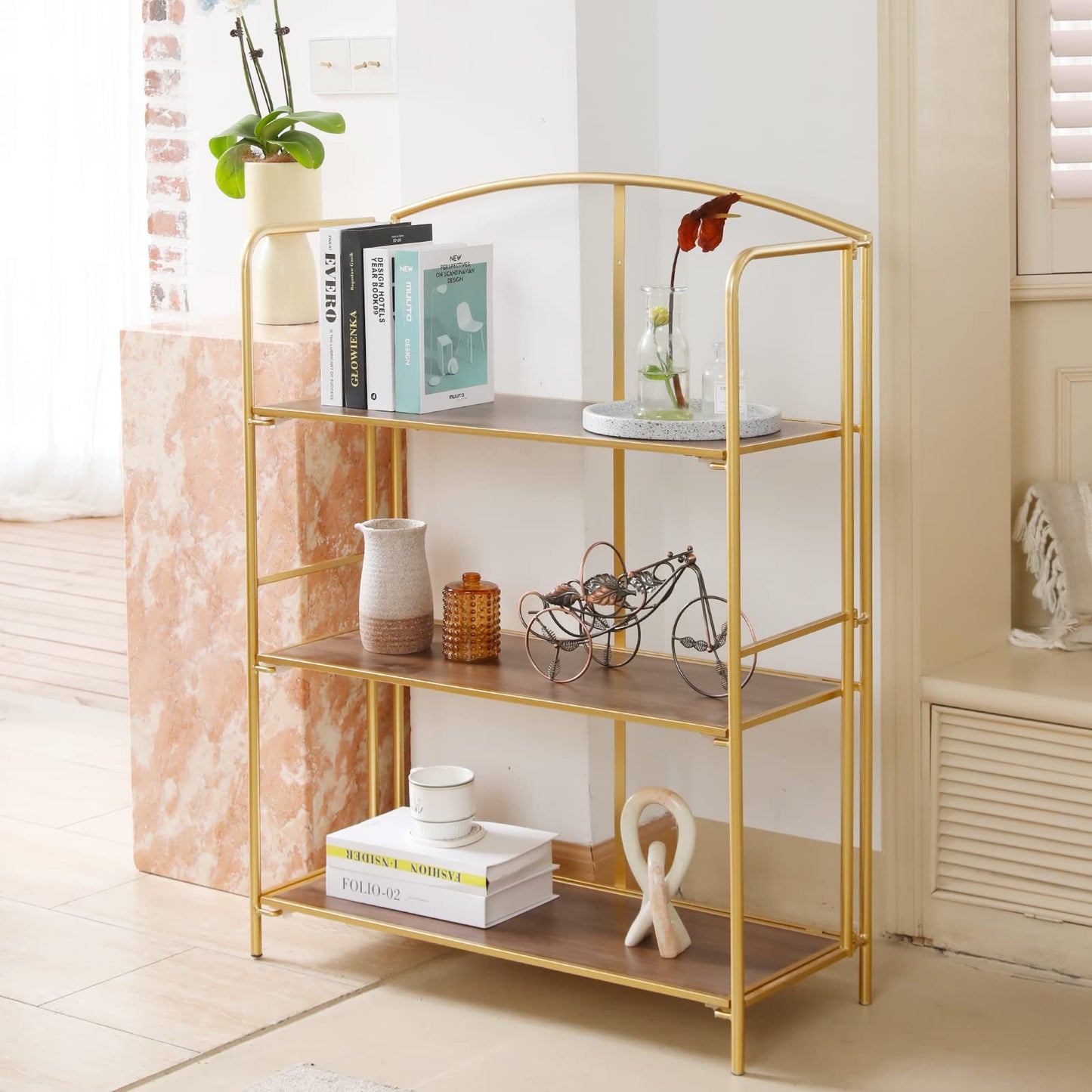 Crofy 3-Tier Wider Foldable Bookshelf, Gold Frame & Walnut Shelves