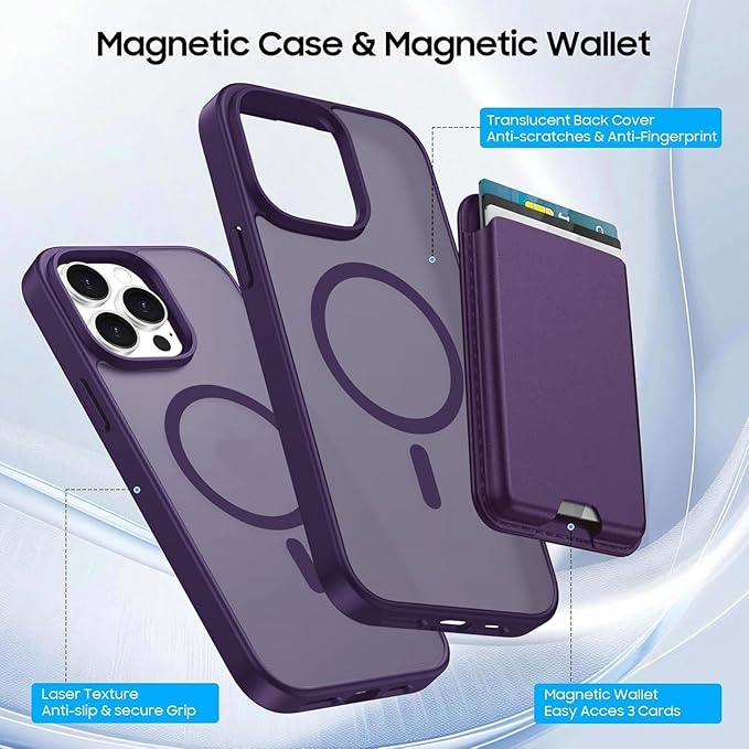 Ntwinro Magnetic for iPhone 15 Pro Case (Compatible with MagSafe) with Detachable Wallet & Card Holder for 3 Cards [RFID Blocking] Military Grade Protective Slim Phone Cover, Purple