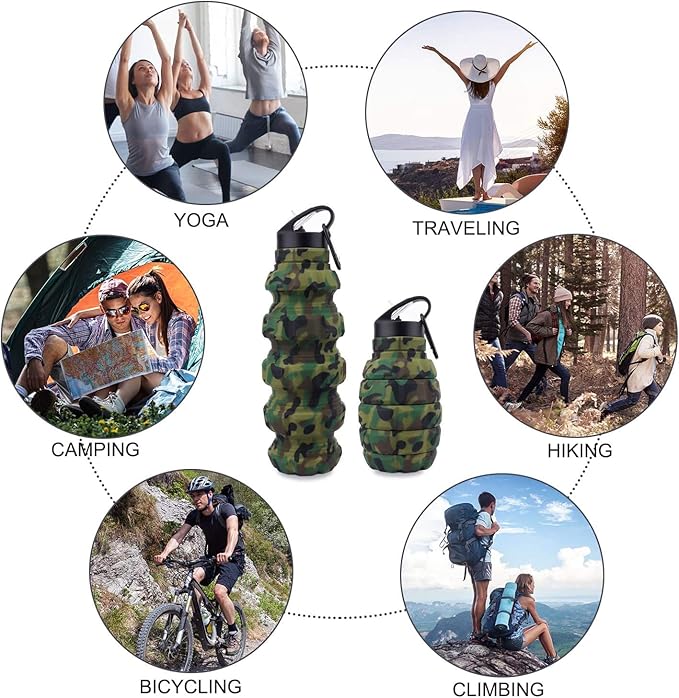 QiCheng&LYS Collapsible Water Bottle Sports Bottle 19.5OZ/580ml Travel Water Bottle for Men Women Kids. BPA Free Food Grade Silicone. (Army green camouflage)
