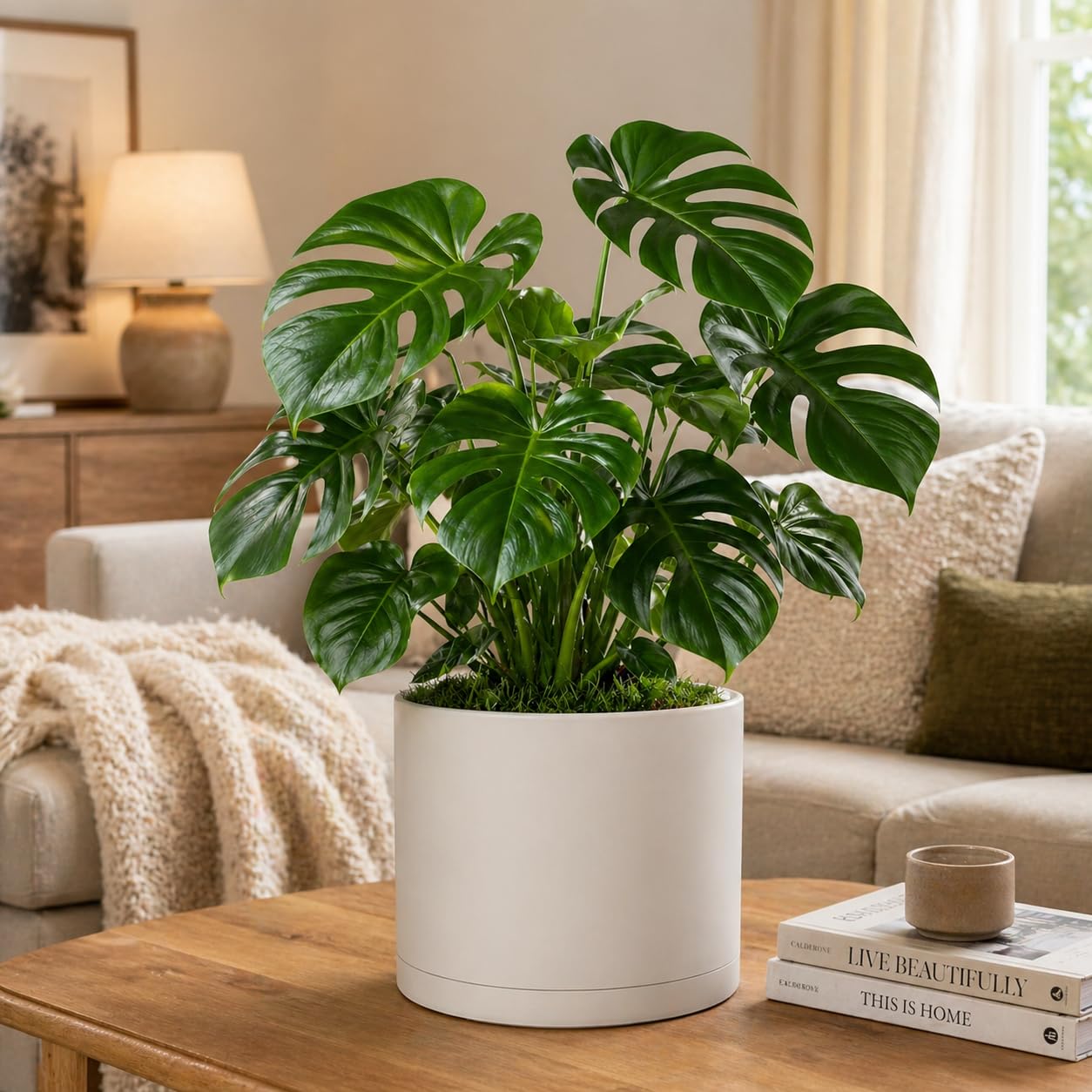 Giraffe Creation 10 Inch Cylinder Plant Pot, Modern Round Planter with Drainage Holes and Saucer, Lightweight Plastic Flower Pot for Indoor Outdoor Plants, White