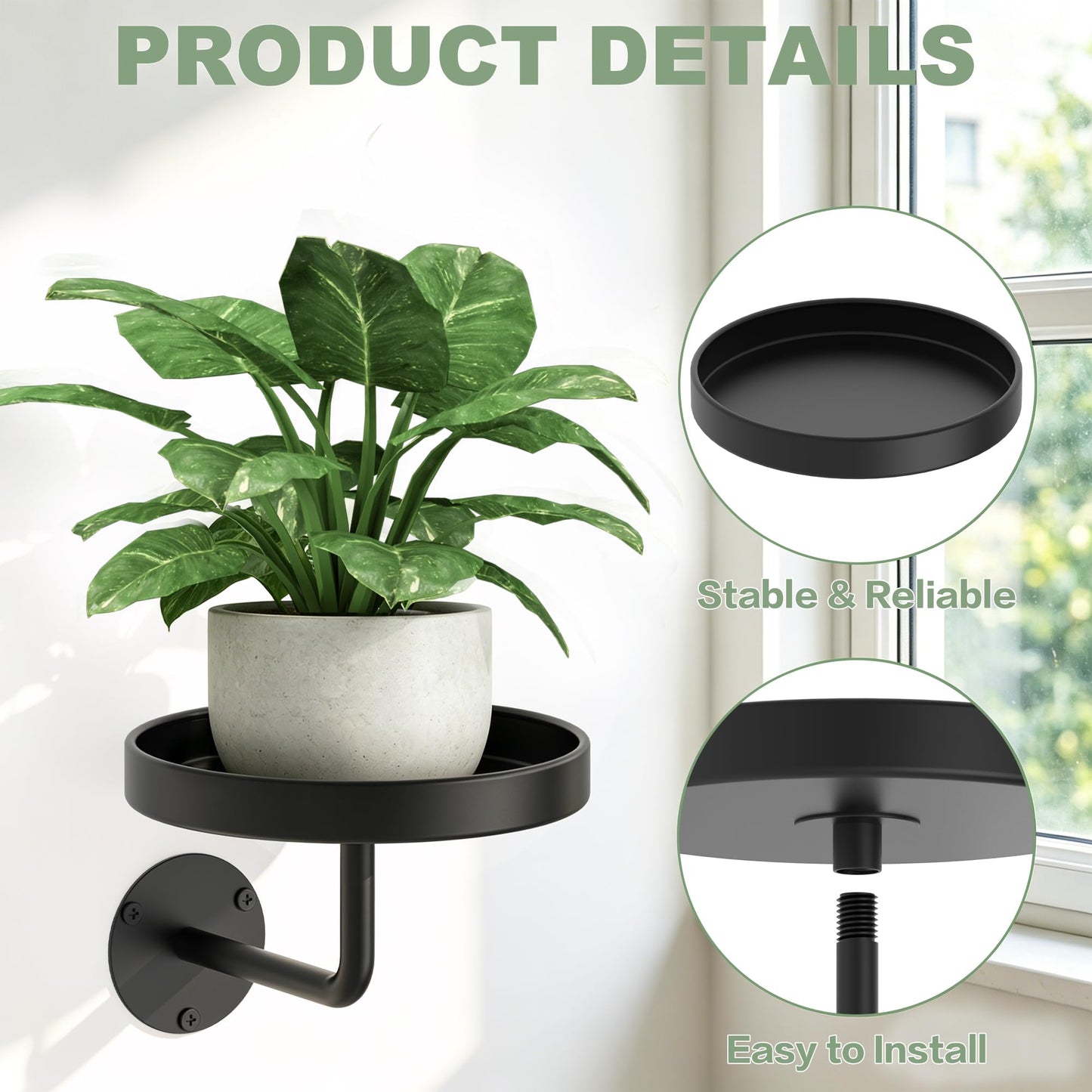 JOPBENG Wall Plant Holder, 6.3 Inch Metal Plant Hanger Indoor Wall Planter, Wall Mounted Plant Holder Window Plant Shelves for Outdoor Black 3Pcs