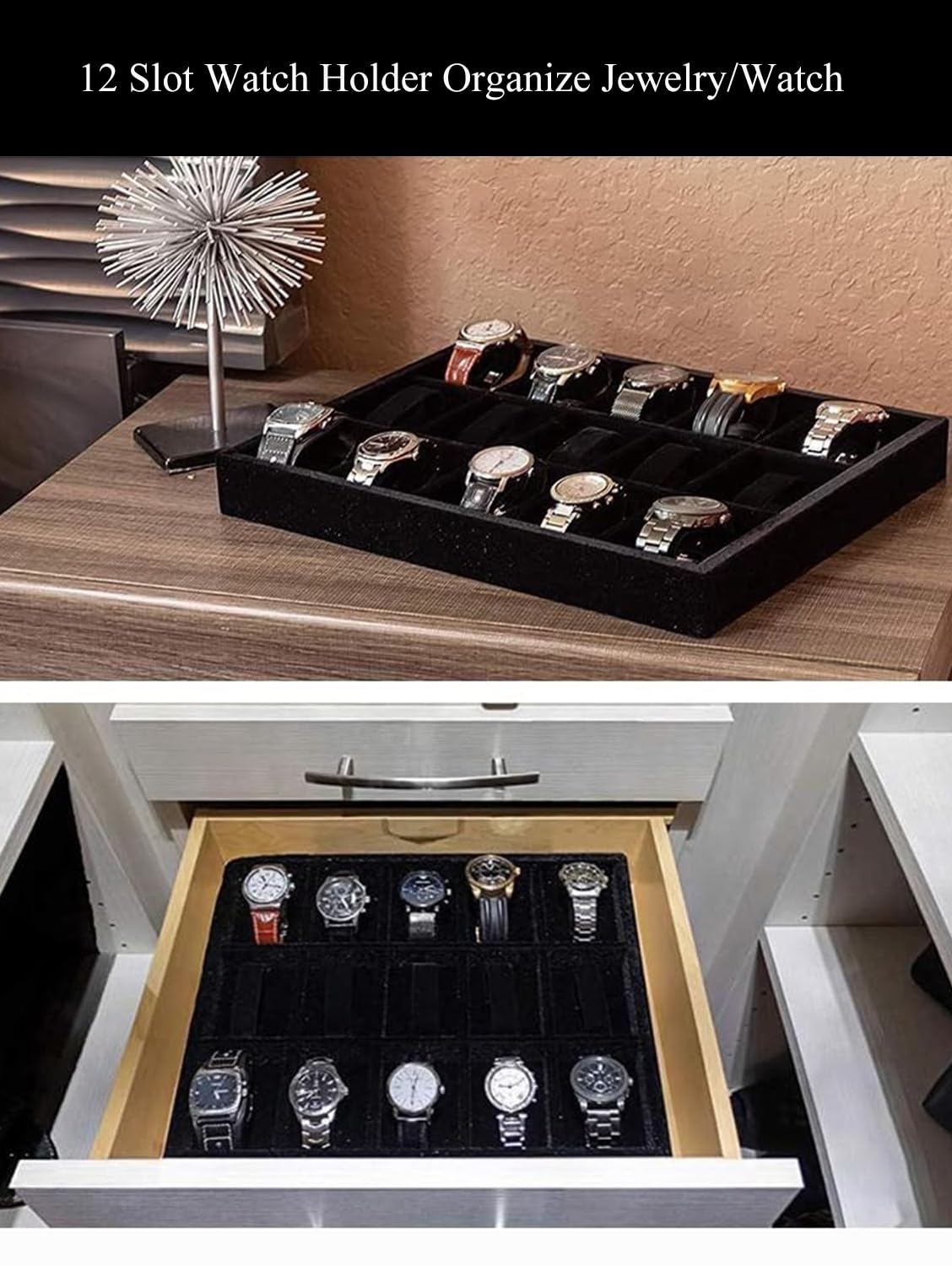 XHMQYC Jewelry Watch Tray, Black Velvet Watch Jewelry Organizer 12 Grid, Stackable Watch Bracelet Bangle Display Holder, Adjustable Pillows, for Man Woman Show Birthday