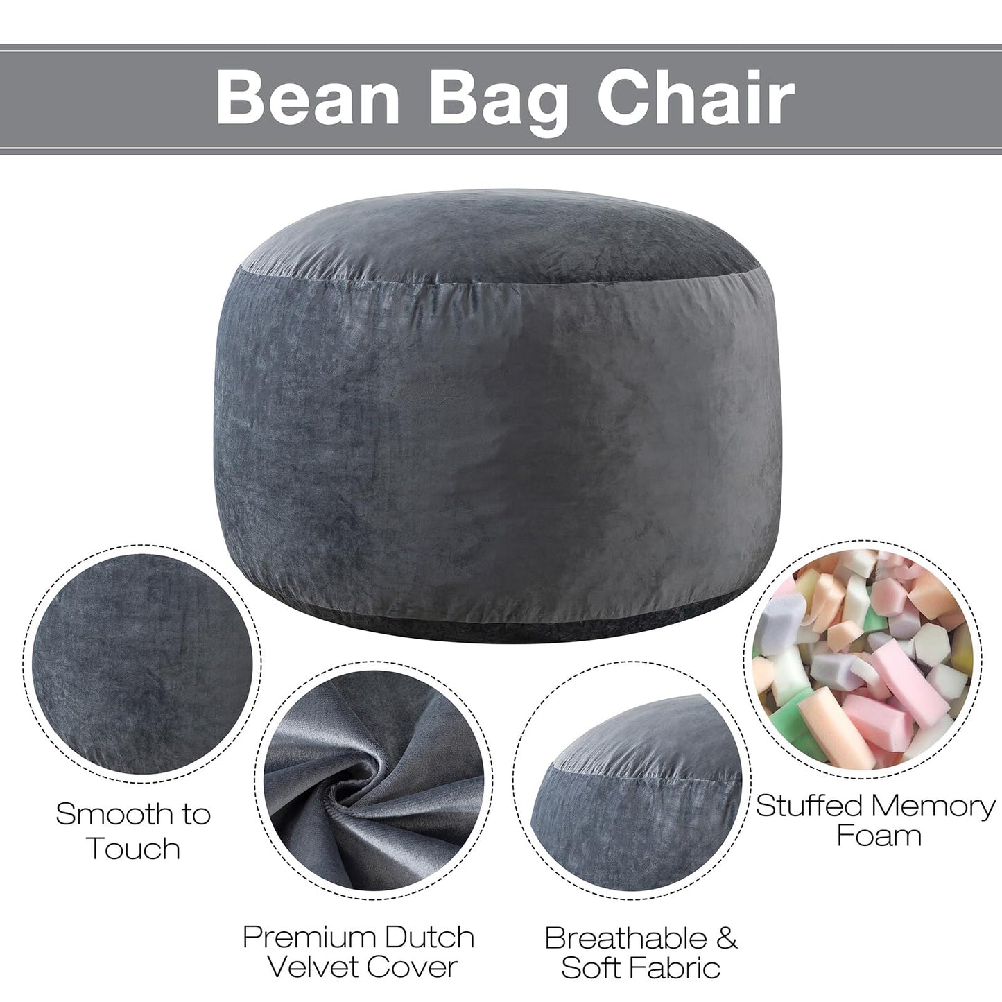 EDUJIN Bean Bag Chair, Memory Foam Bean Bag Chairs for Adults, Soft Velvet Cover, Stylish Beanbag Sofa for Living Room, Convenient Pocket & Pull-Handle Design - 3 Foot, Grey