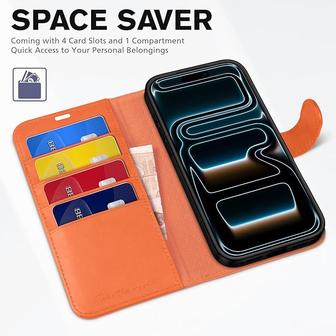 TUCCH Wallet Case for iPhone 17 Pro Max (6.9") 2025, RFID Blocking 4 Card Holders | Kickstand | Shockproof TPU Shell | PU Leather | Magnetic Closure | Protective Flip Folio Cover | Orange