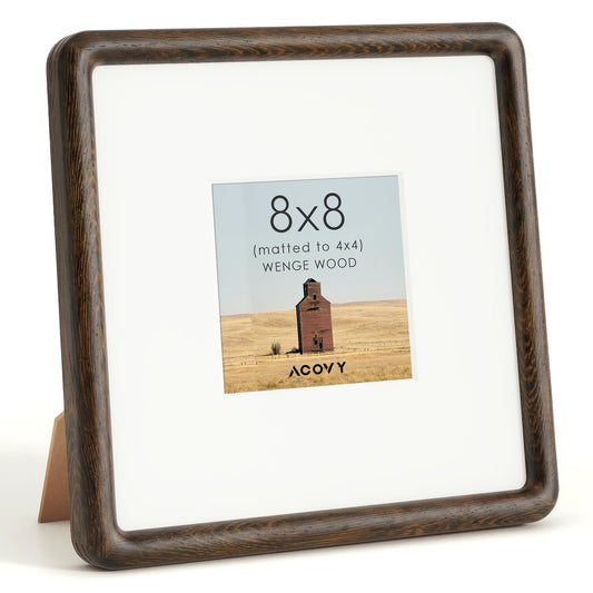 Acovy 8x8 Picture Frame, Natural Solid Wenge Wood Photo Collage Frame with HD Tempered Glass, Rounded Corner Wooden Frame 8 x 8 Matted to 4x4, Gallery Wall Frames for Art, Wall or Tabletop Display