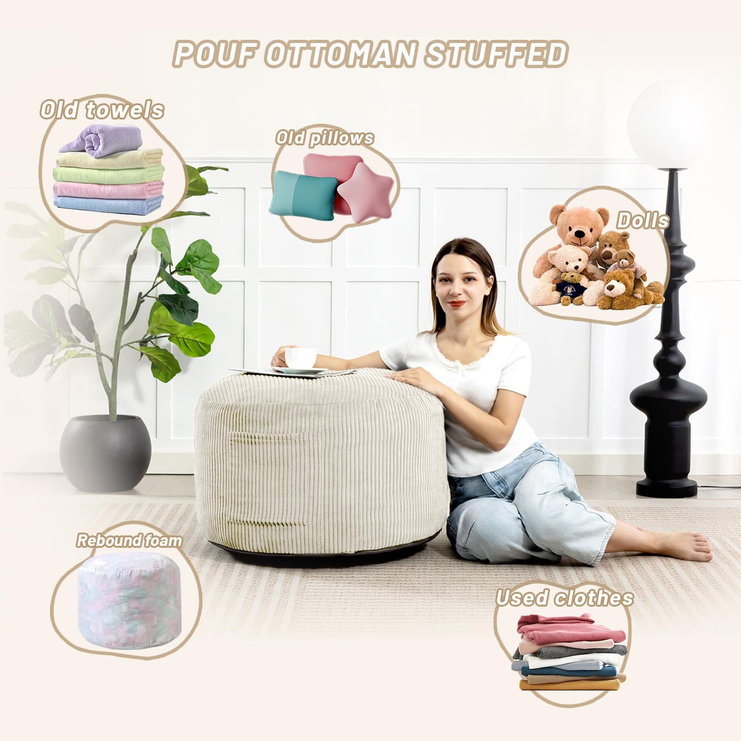 Manyday Round Stuffed Pouf Ottoman,Corduroy Foot Rest with Rebound Foam Filled, Furry and Fluffy Foot Stool Ottoman, Floor Poufs for Living Room (Beige, 20" D x 20" W x 15" H)