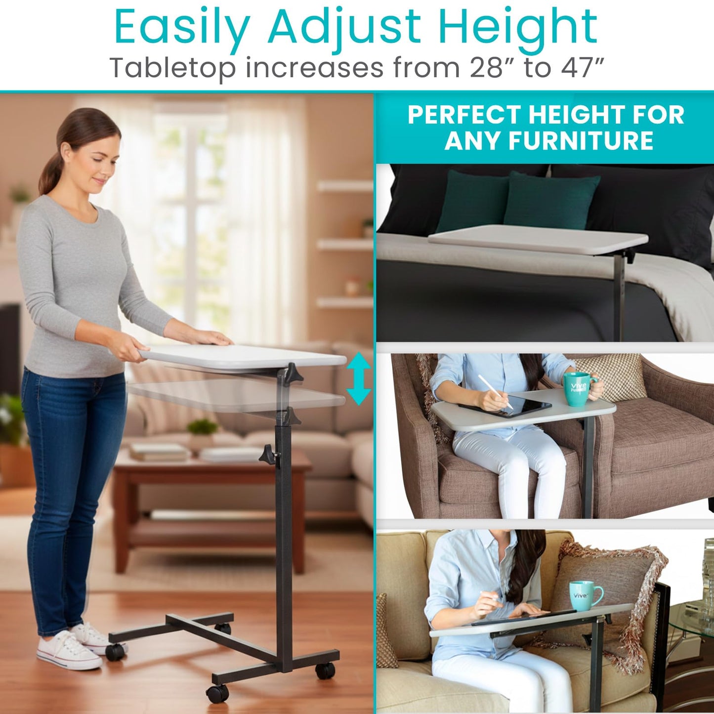 Vive Overbed Hospital Bed Table for Home Use - Adjustable Swivel Wheels & Tray for Over Bed - for Medical Bedside Chair - Adjustable Height, Tilt Top for Reading, Laptop, Bedridden, Elderly, Seniors