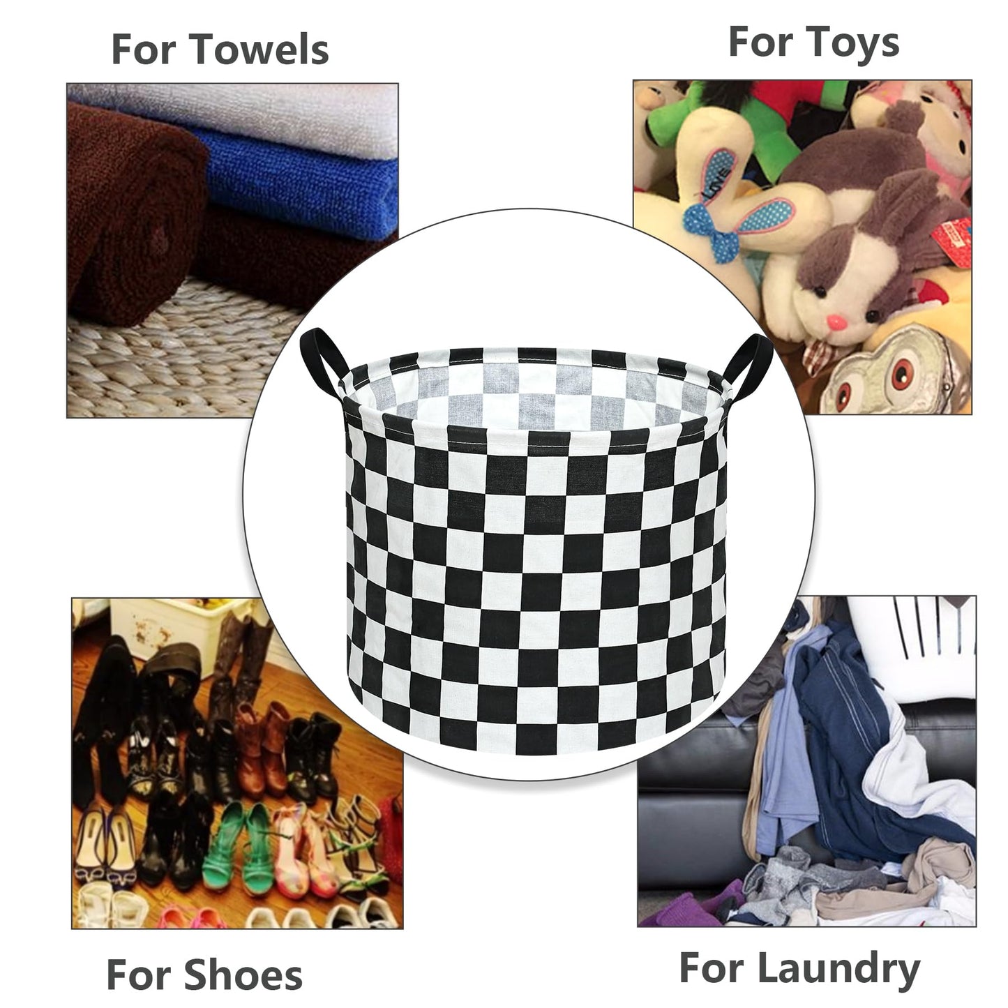 3 Pack Checkered Storage Baskets with Leather Handles, Foldable Fabric Toy Storage Bins with Waterproof Lining, Large Round Laundry Hamper for Kids Room, Nursery, Bedroom, Playroom Organization