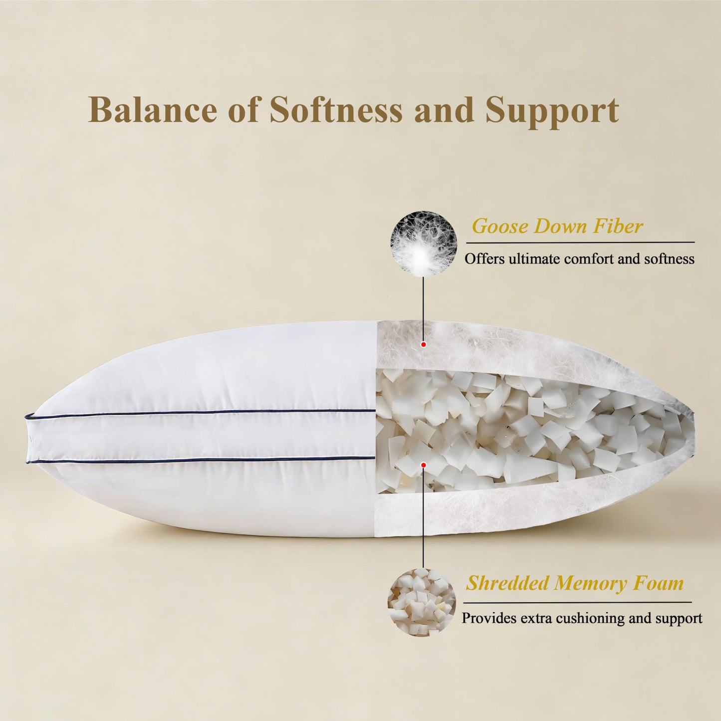 DOWNCOOL Goose Down Bed Pillows Queen Size Set of 2, Pillow Soft Support for Side, Back or Stomach Sleepers, for Better Sleep Experience, White 20" x 30"