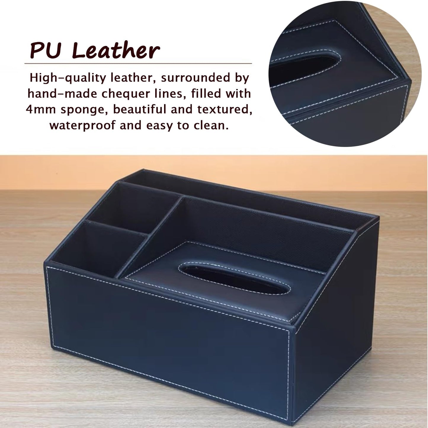 Tissue Box Cover- PU Leather Tissue Box Holder-Multifunctional Tissue Box Organizer Cover Hold with Storage Fashion for Vanity Toilet Countertop Office Bathroom Kleenex Box Cover-Black